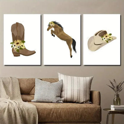 3pcs Hat & Jumping Horse Yellow Daisy Perfect Wall Art Set Canvas Framed 40x60cm - High Quality Print 100% Australian Made Wall Canvas Ready to Hang