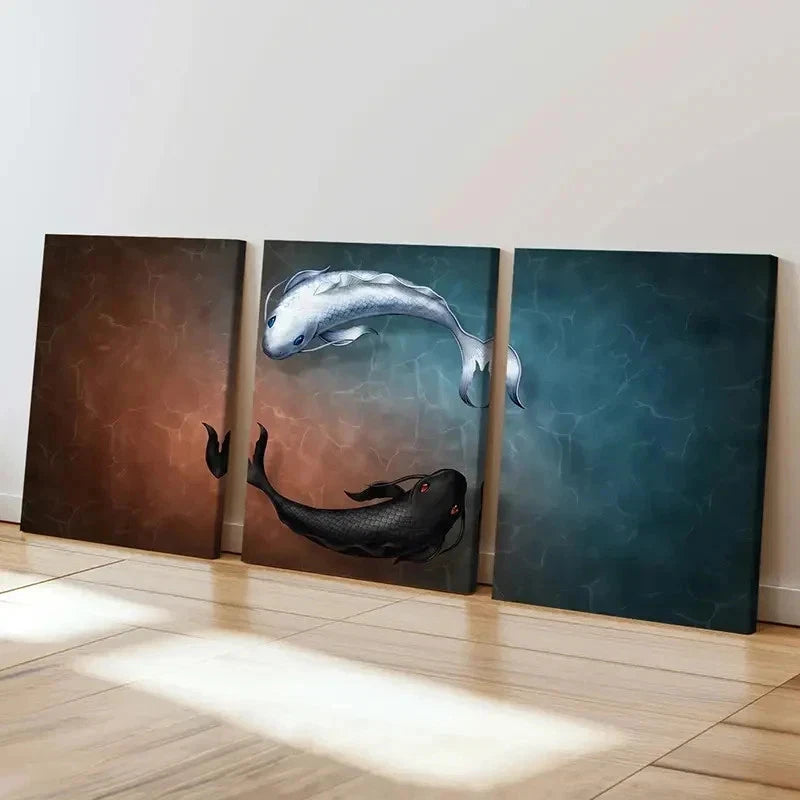 3pcs Tai Chi Bagua Koi Yin And Yang Wall Art Set Canvas Framed 40x60cm - High Quality Print 100% Australian Made Wall Canvas Ready to Hang