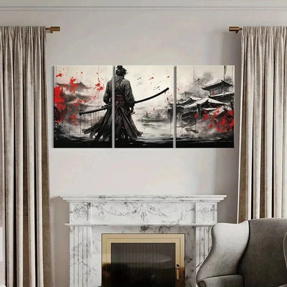 3pcs Japanese Style Sakura Tree Samurai Wall Art Set Canvas Framed 40x60cm - High Quality Print 100% Australian Made Wall Canvas Ready to Hang