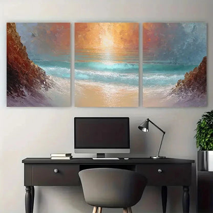3pcs Beach Sunset In Portugal Décor Perfect Wall Art Set Canvas Framed 40x60cm - High Quality Print 100% Australian Made Wall Canvas Ready to Hang