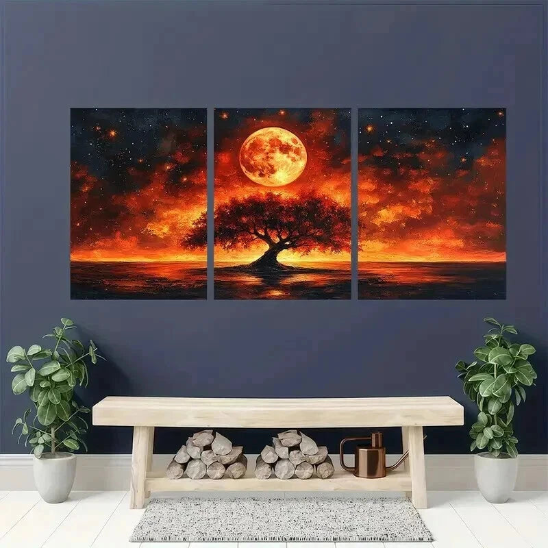3pcs Warm Orange Red Hues Moon Night Scene Wall Art Set Canvas Framed 40x60cm - High Quality Print 100% Australian Made Wall Canvas Ready to Hang