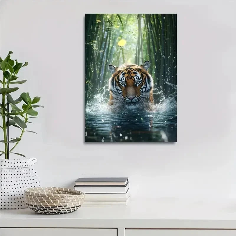 Dreamlike Scene of Tiger Splashing in Water Painting 40x60cm Metal Print Ready to Hang