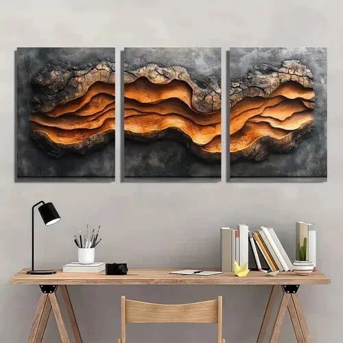 3pcs Bark Texture Golden Gray Theme Metal Print Ready to Hang Art