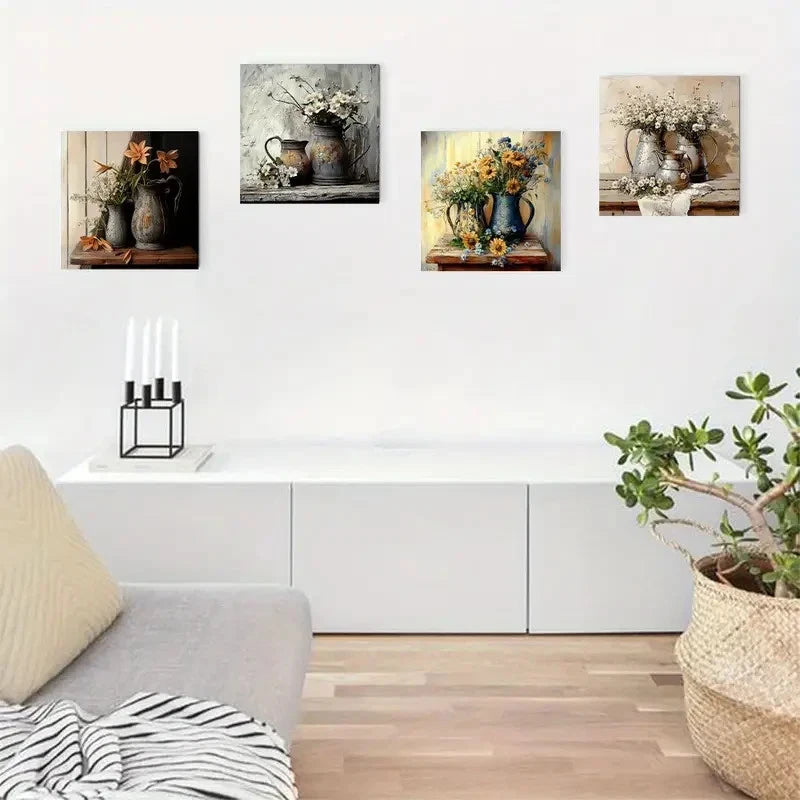 4pcsRustic Blue & White VasesWall Art Canvas Framed