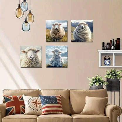 4pcs Charming Sheep Watercolor Wall Art Canvas Framed