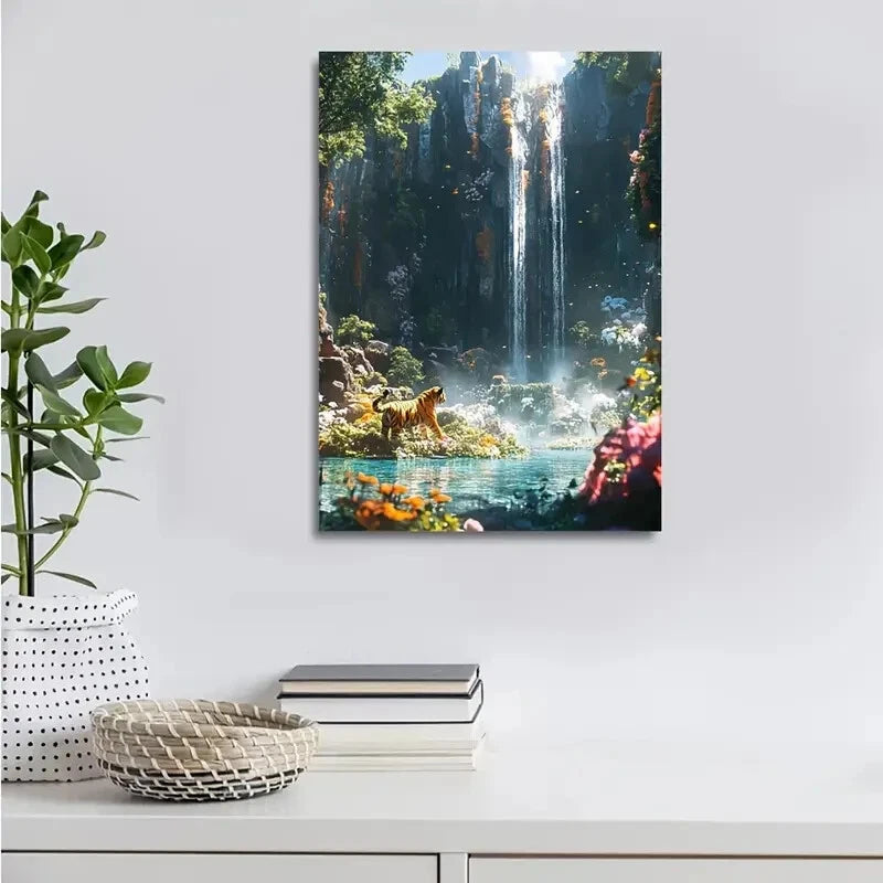 Cyberpunk Tiger Dancing Under Waterfall Painting 40x60cm Metal Print Ready to Hang