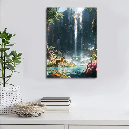 Cyberpunk Tiger Dancing Under Waterfall Painting 40x60cm Metal Print Ready to Hang