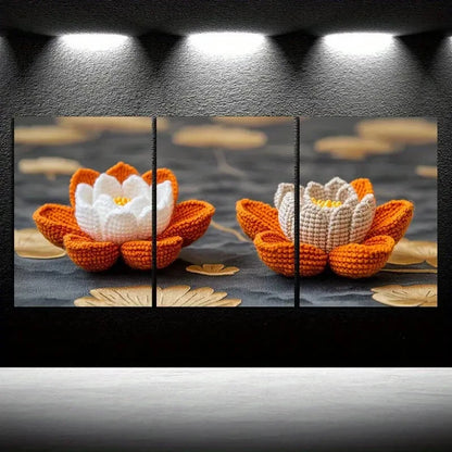 3pcs Water Lily Trio Golden White Metal Print Ready to Hang Art