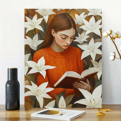 Girl In An Orange Sweater Is Reading White Lilies 40x60cm Metal Print Ready to Hang
