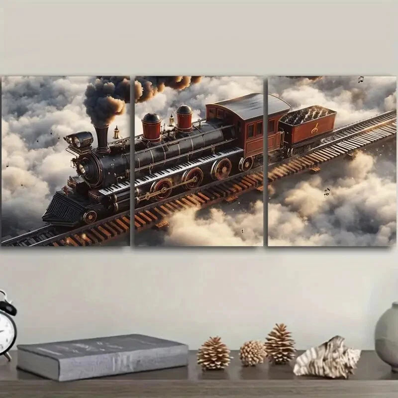 3pcs Old Piano Steam Train Black Smoke Metal Print Ready to Hang Art