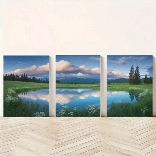 3pcs Green Meadow, Mountain, Lake, Pine Trees Wall Art Set Canvas Framed 40x60cm - High Quality Print 100% Australian Made Wall Canvas Ready to Hang