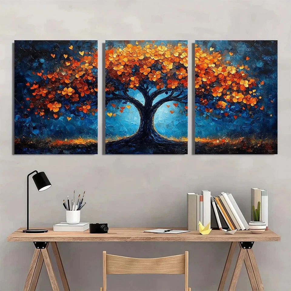 3pcs Vibrant Autumn Foliage Blue Geometric Metal Print Ready to Hang Art