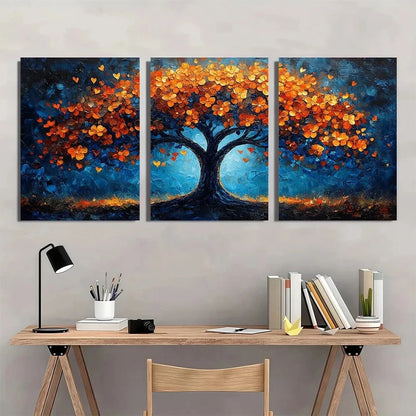 3pcs Vibrant Autumn Foliage Blue Geometric Metal Print Ready to Hang Art