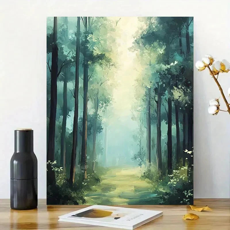 Misty Forest Painting of Tall Trees Forest 40x60cm Metal Print Ready to Hang