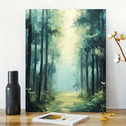 Misty Forest Painting of Tall Trees Forest 40x60cm Metal Print Ready to Hang