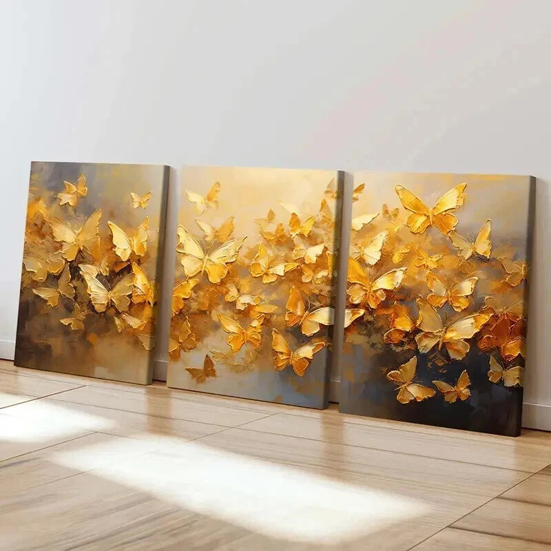 3pcs Abstract Art Gold Foil Butterfly Wall Art Set Canvas Framed 60x90cm - High Quality Print 100% Australian Made Wall Canvas Ready to Hang
