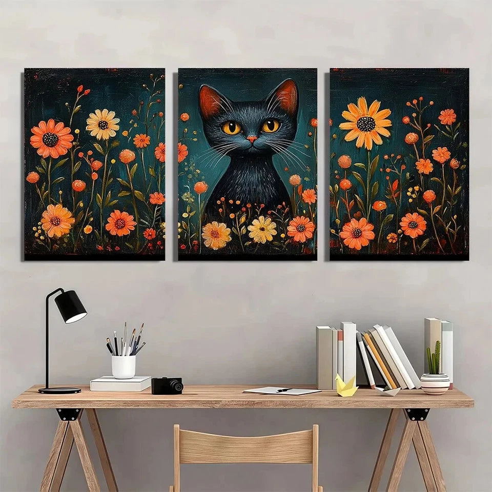 3pcs Vibrant Flowers & Cats Scandinavian Folk Metal Print Ready to Hang Art