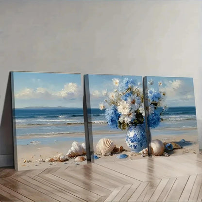 3pcs Blue And White Flowers In Vase Wall Art Set Canvas Framed 50x70cm - High Quality Print 100% Australian Made Wall Canvas Ready to Hang
