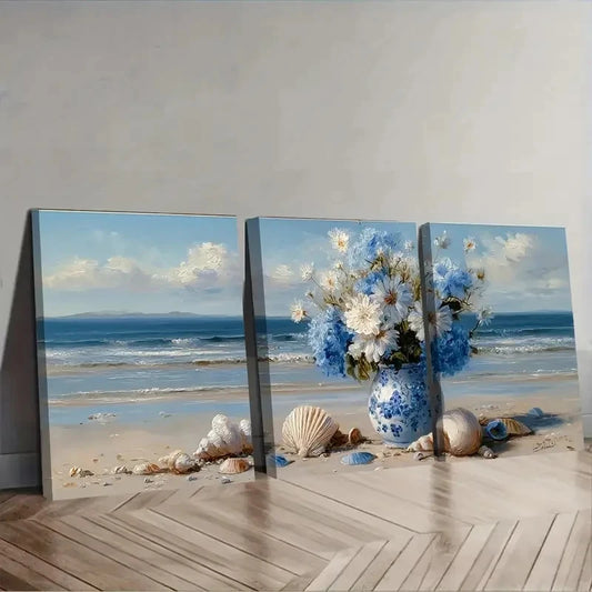 3pcs Blue And White Flowers In Vase Wall Art Set Canvas Framed 50x70cm - High Quality Print 100% Australian Made Wall Canvas Ready to Hang