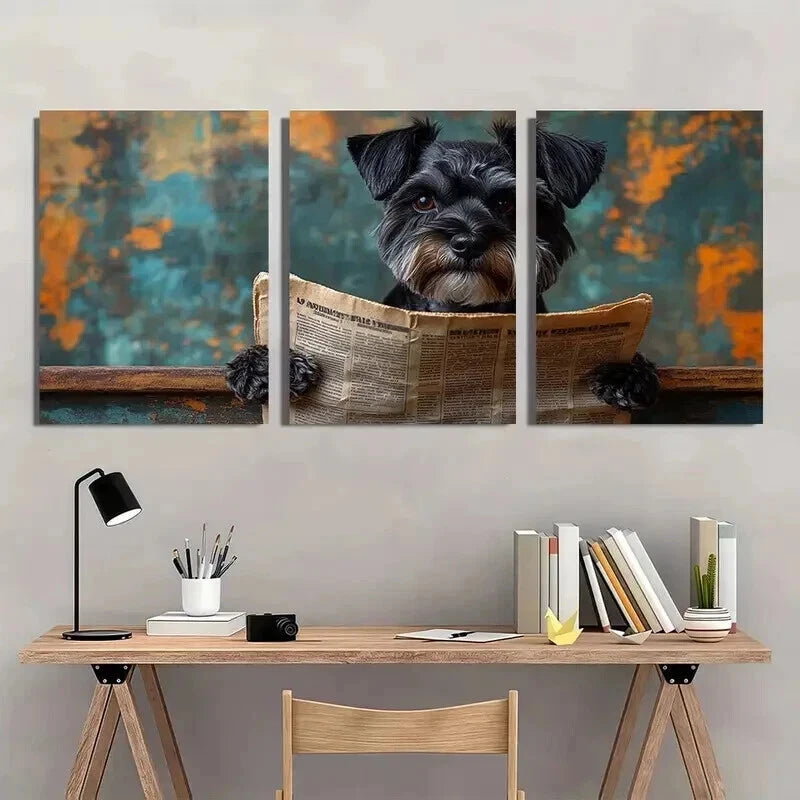 3pcs Black Schnauzer Dog Reading Newspaper Wall Art Set Canvas Framed 40x60cm - High Quality Print 100% Australian Made Wall Canvas Ready to Hang