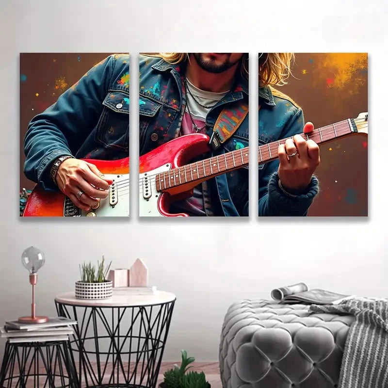 3pcs Long Hair Men Play Painting Wall Art Set Canvas Framed 40x60cm - High Quality Print 100% Australian Made Wall Canvas Ready to Hang