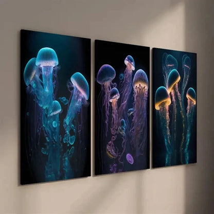 3pcs Glowing Jellyfish Marine Life Wall Art Set Canvas Framed 50x70cm - High Quality Print 100% Australian Made Wall Canvas Ready to Hang