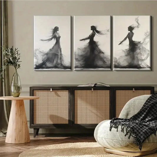 3pcs Flowing Black and White Figures Perfect Wall Art Set Canvas Framed 40x60cm - High Quality Print 100% Australian Made Wall Canvas Ready to Hang