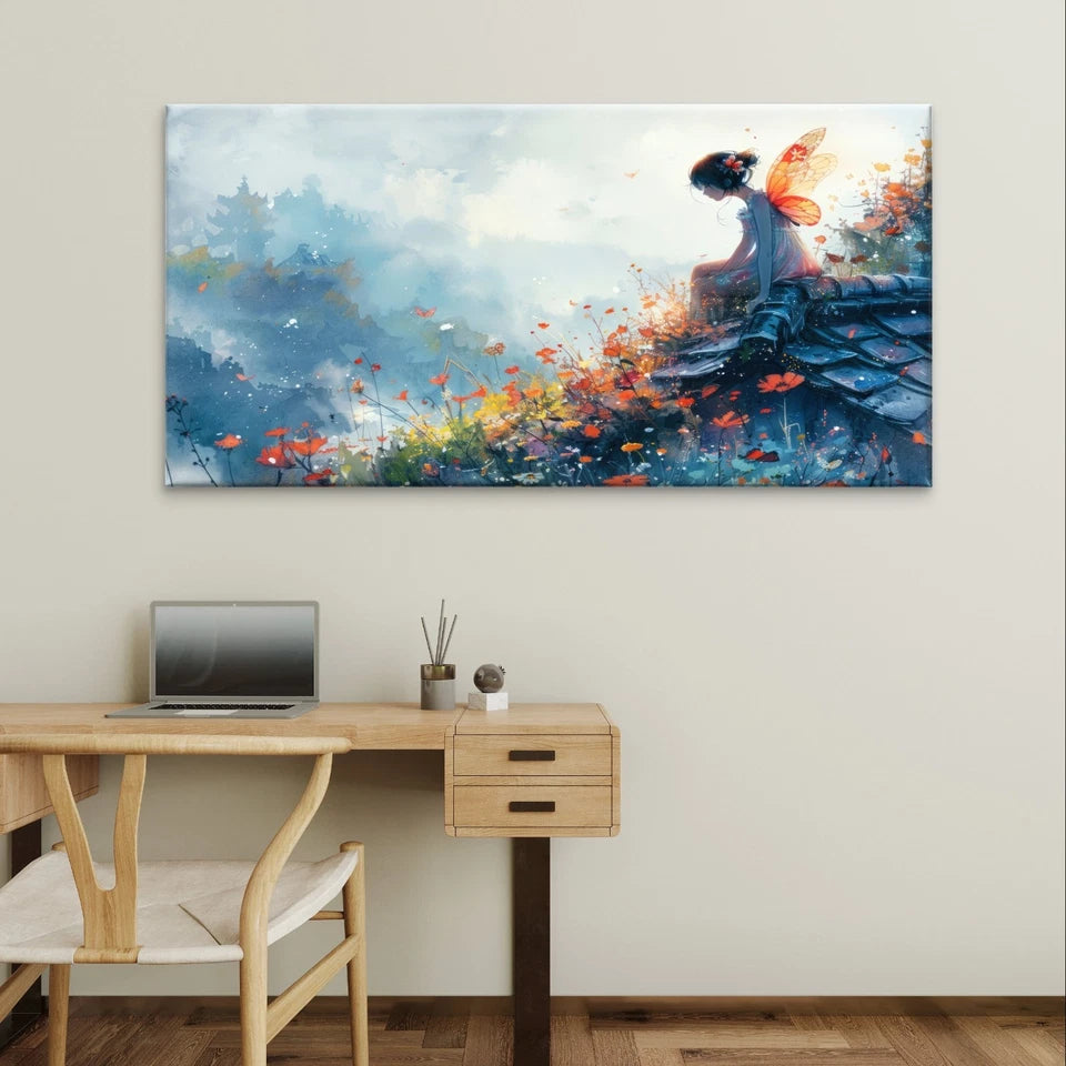 Whimsical Fairy In Garden Wall Art Canvas Office Home Framed 120x60cm