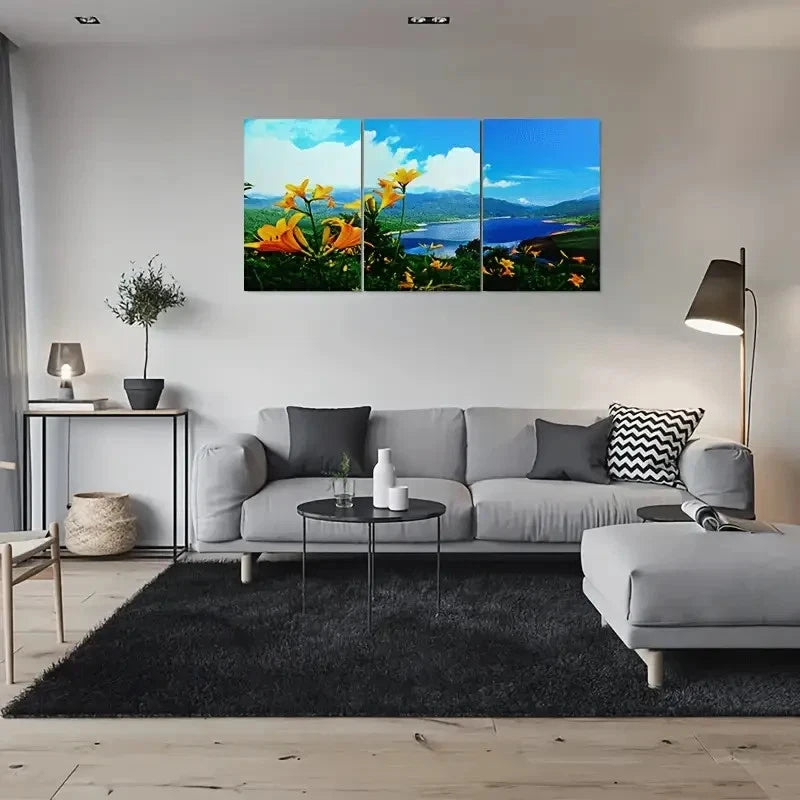 3pcs Scenic Yellow Flowers and Blue Sky Metal Print Ready to Hang Art