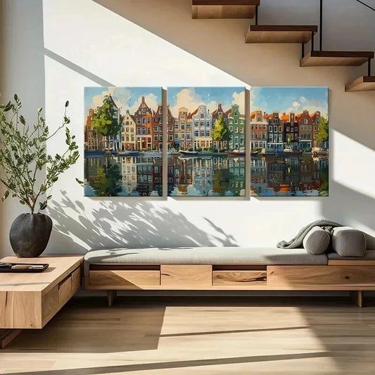 3pcs Amsterdam Canal Scene Reflections Wall Art Set Canvas Framed 40x60cm - High Quality Print 100% Australian Made Wall Canvas Ready to Hang