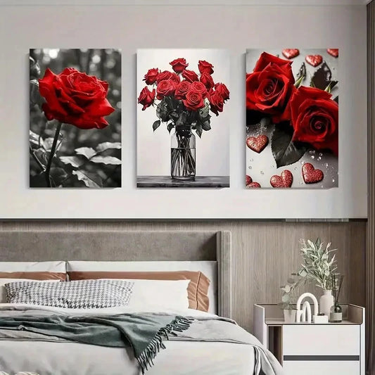 3pcs Red Rose Black and White and Full Color Wall Art Set Canvas Framed 40x60cm - High Quality Print 100% Australian Made Wall Canvas Ready to Hang