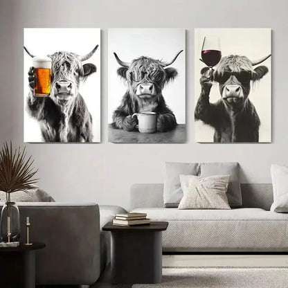 3pcs Highland Cow Whimsical Illustration Perfect Wall Art Set Canvas Framed 40x60cm - High Quality Print 100% Australian Made Wall Canvas Ready to Hang