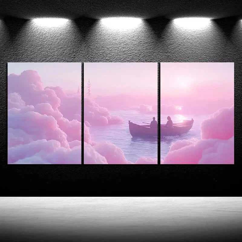 3pcs A Ship in the Pink Sea of Clouds Metal Print Ready to Hang Art