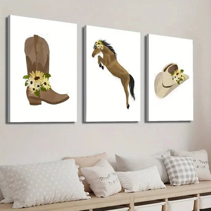 3pcs Hat & Jumping Horse Yellow Daisy Perfect Wall Art Set Canvas Framed 40x60cm - High Quality Print 100% Australian Made Wall Canvas Ready to Hang