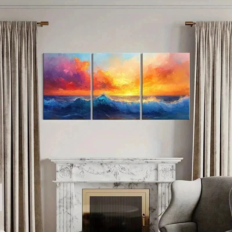 3pcs Sunset Ocean Waves Vibrant Sky Wall Art Set Canvas Framed 40x60cm - High Quality Print 100% Australian Made Wall Canvas Ready to Hang
