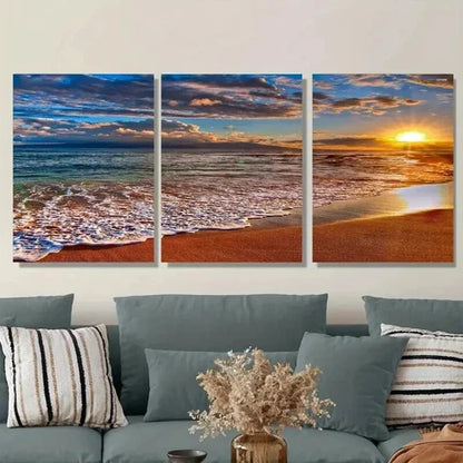3pcs Beach Sunset Ocean with Sandy Shore Wall Art Set Canvas Unframed - High Quality Print 100% Australian Made Wall Canvas