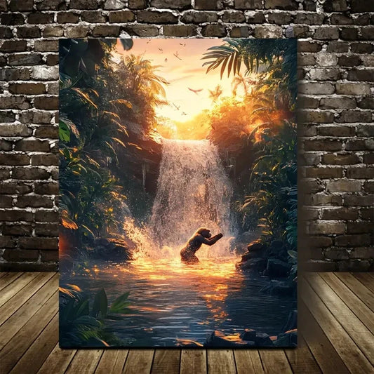 Dreamlike Gorilla Splashing in Waterfall Painting 40x60cm Metal Print Ready to Hang