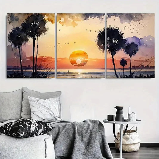 3pcs Vibrant Tropical Palm Silhouette Wall Art Set Canvas Framed 60x90cm - High Quality Print 100% Australian Made Wall Canvas Ready to Hang