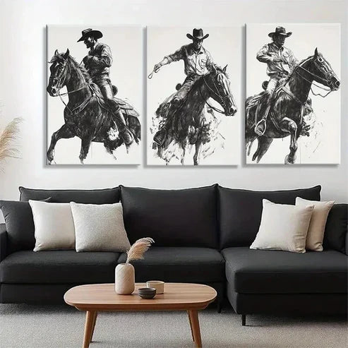 3pcs Dynamic Cowboy on Horse Dark Shadow Perfect Wall  Art Set Canvas Unframed - High Quality Print 100% Australian Made Wall Canvas