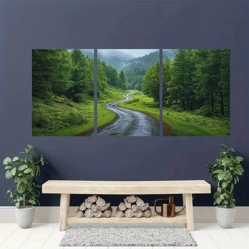 3pcs Vibrant Green Trees & Winding Pathway Metal Print Ready to Hang Art