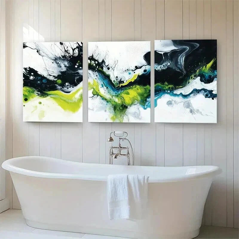 3pcs Abstract Fluid Black White Green Perfect Wall Art Set Canvas Framed 40x60cm - High Quality Print 100% Australian Made Wall Canvas Ready to Hang