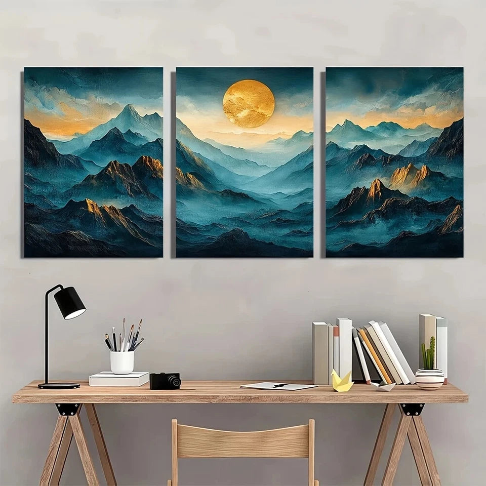 3pcs Abstract Mountain and Sunset Scenery Metal Print Ready to Hang Art