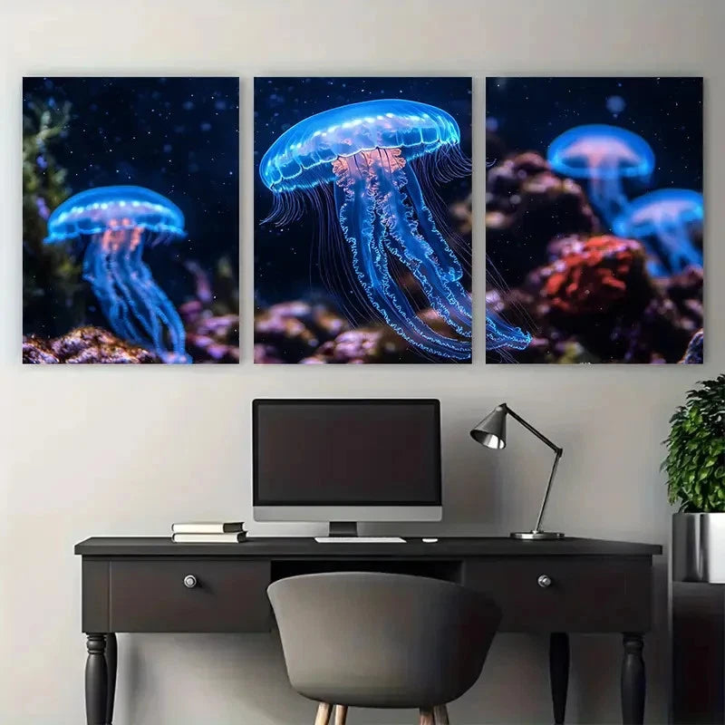 3pcs Neon Blue Jellyfish Aquarium Perfect  Wall Art Set Canvas Framed 40x60cm - High Quality Print 100% Australian Made Wall Canvas Ready to Hang