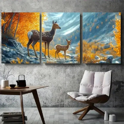 3pcs Deer Family in Autumn Forest Metal Print Ready to Hang Art