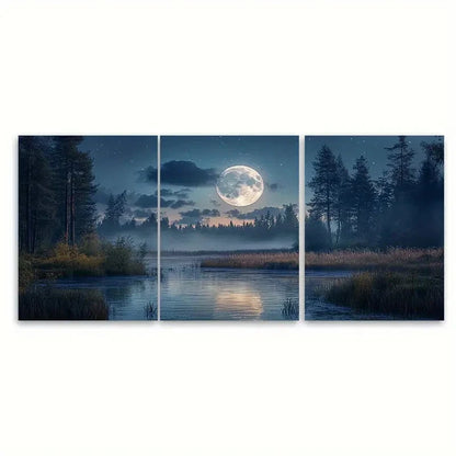 3pcs Moon Over Woodland Picture VI Wall Art Set Canvas Framed 40x60cm - High Quality Print 100% Australian Made Wall Canvas Ready to Hang