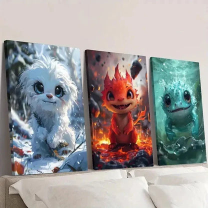 3pcs Cute Little Fantasy Cartoon Monsters Wall Art Canvas Unframed - High Quality Print 100% Australian Made Wall Canvas