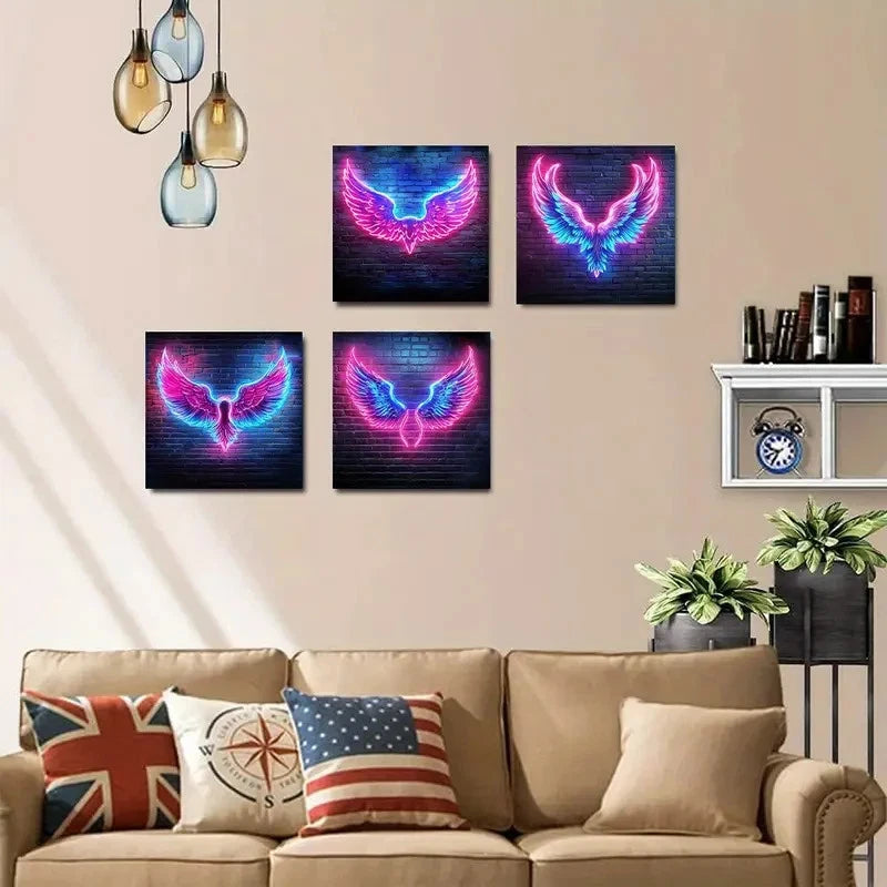 4pcs Vibrant Neon WingWall Art Canvas Framed