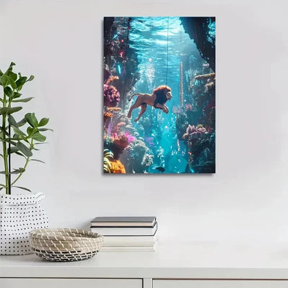 Cyberpunk Lion Swing Underwater Scene 40x60cm Metal Print Ready to Hang