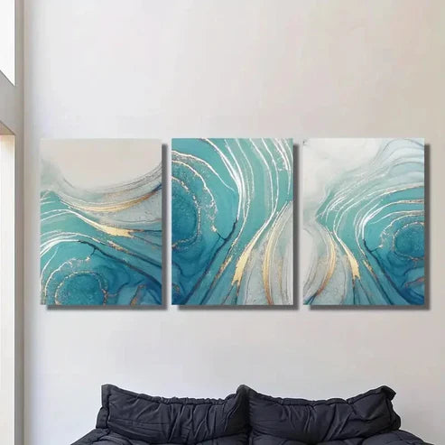 3pcs Beautiful Blue Golden Beach Fluid Wall Art Set Canvas Unframed - High Quality Print 100% Australian Made Wall Canvas