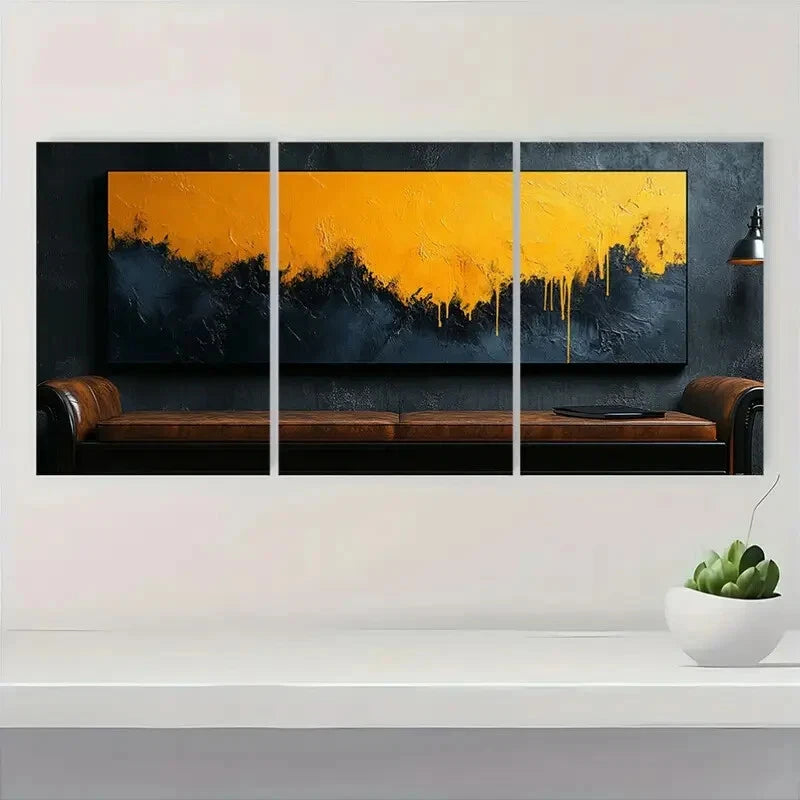 3pcs Abstract Dripping Bold Black & Yellow Metal Print Ready to Hang Art